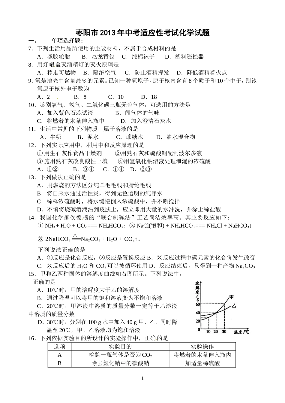 枣阳市2013年中考适应性考试化学试题_第1页
