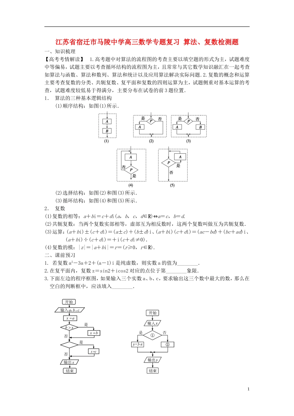 江苏省宿迁市马陵中学高三数学专题复习 算法、复数检测题_第1页