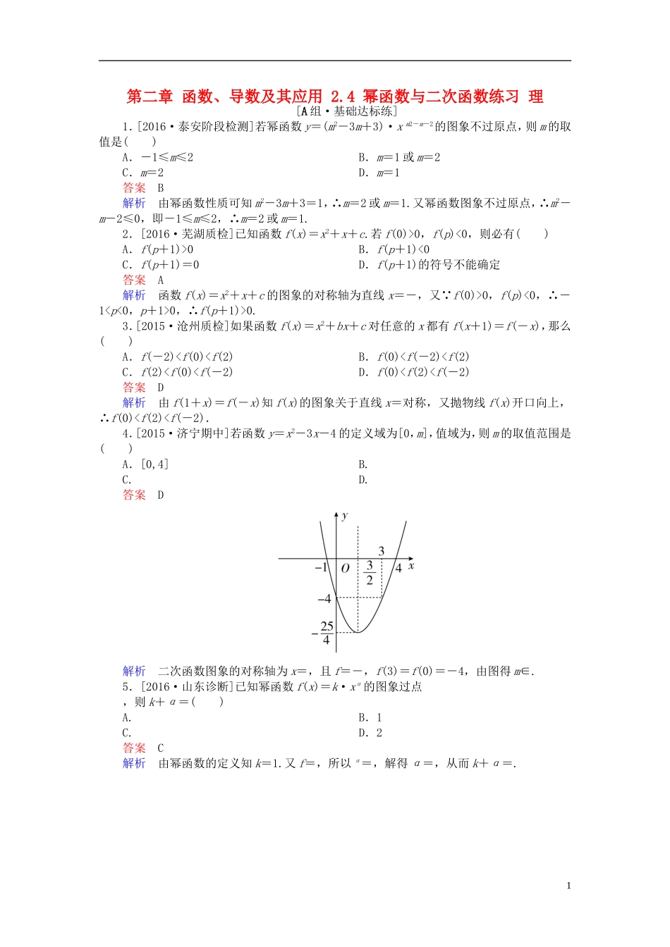 高考数学一轮复习 第二章 函数、导数及其应用 2.4 幂函数与二次函数练习 理-人教版高三全册数学试题_第1页