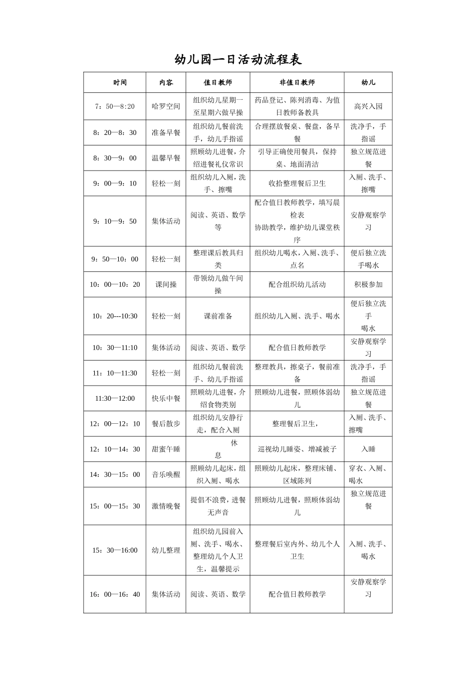 幼儿园一日活动流程表_第1页