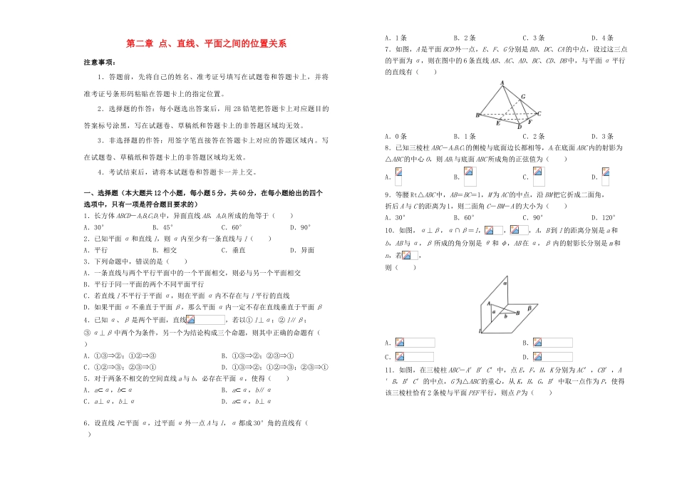 高中数学 第二章 点、直线、平面之间的位置关系单元测试（一）新人教A版必修2-新人教A版高一必修2数学试题_第1页