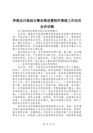 养殖业污染综合整治推进暨秸秆禁烧工作动员会的的讲话稿