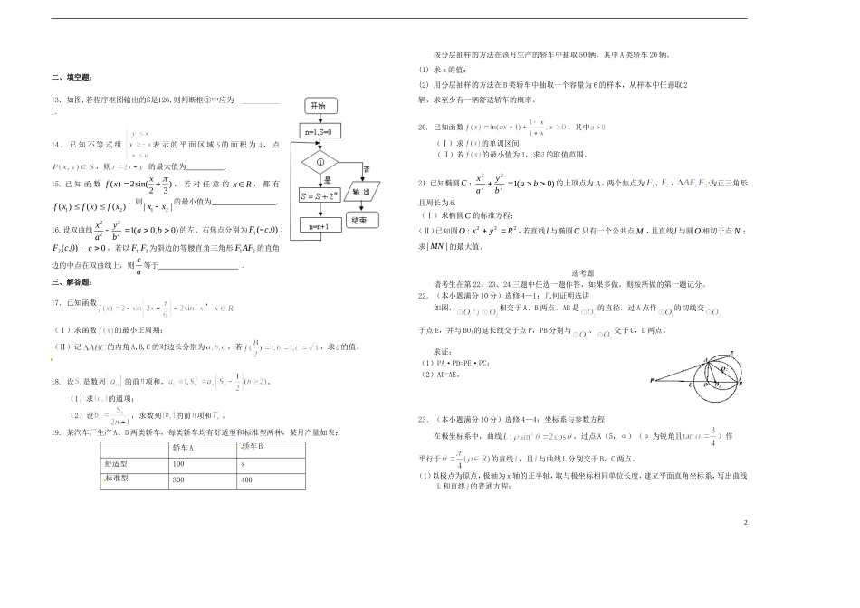 河南省潢川一中高三数学综合训练（四）文 新人教A版_第2页