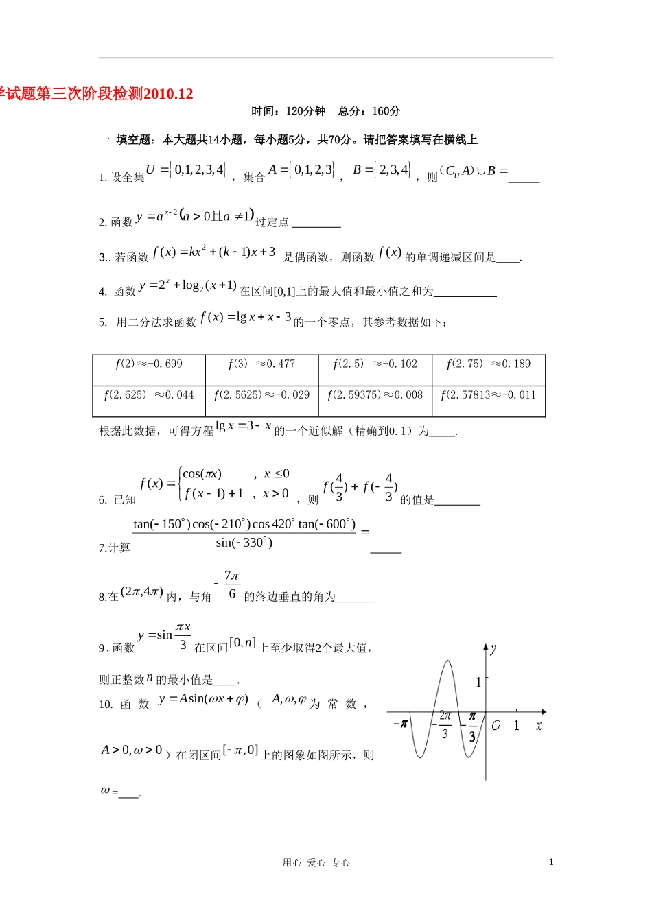 江苏省海安县南莫中学10-11学年高一数学上学期第三阶段检测苏教版【会员独享】_第1页