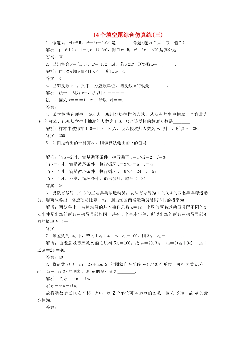江苏省高考数学二轮复习 自主加餐的3大题型 14个填空题综合仿真练（三）（含解析）-人教版高三全册数学试题_第1页