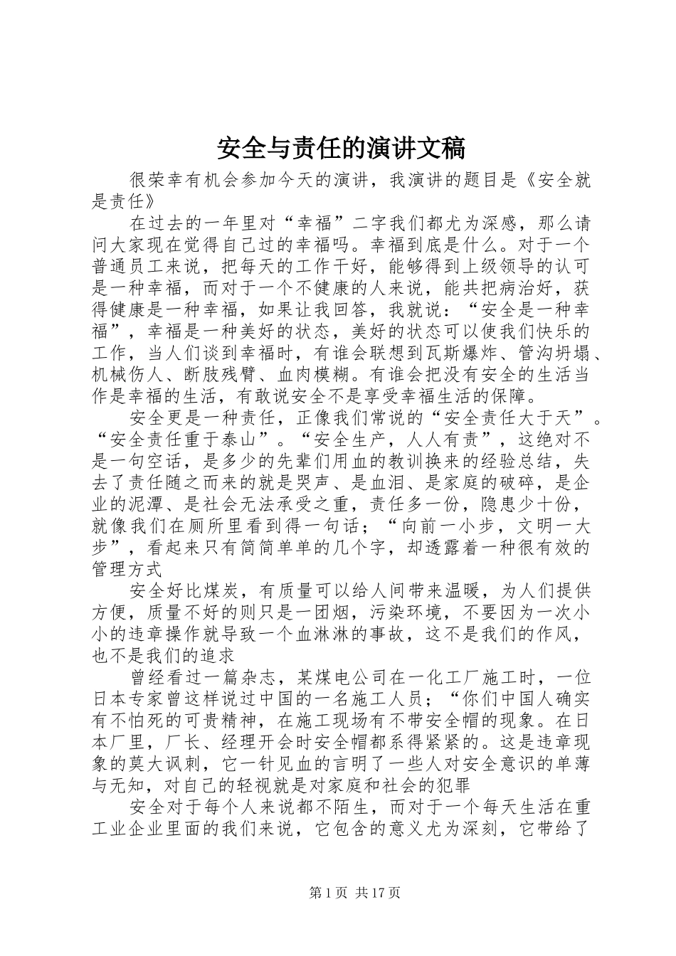 安全与责任的演讲稿文稿_第1页