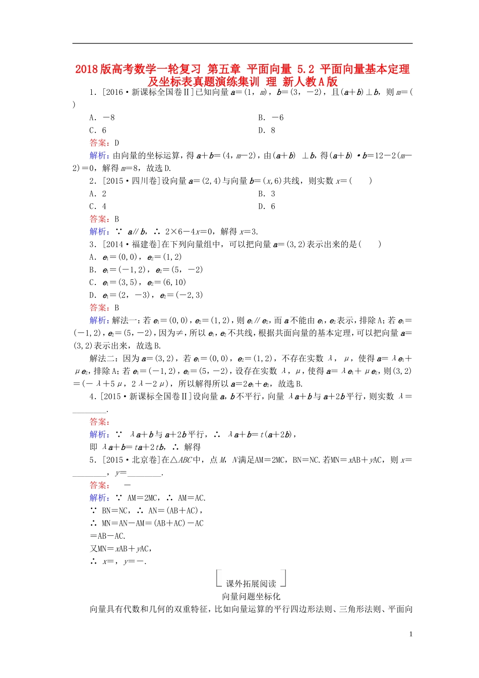 高考数学一轮复习 第五章 平面向量 5.2 平面向量基本定理及坐标表真题演练集训 理 新人教A版-新人教A版高三全册数学试题_第1页