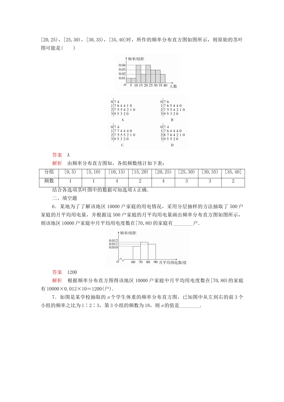 高中数学 第二章 统计 2.2 用样本估计总体 2.2.1 用样本的频率分布估计总体分布课后课时精练 新人教A版必修3-新人教A版高一必修3数学试题_第3页