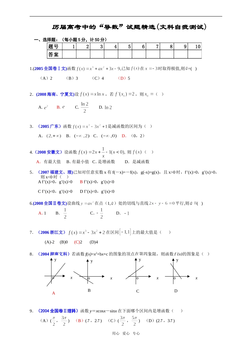 历届数学高考中的“导数及其应用”试题精选_第1页