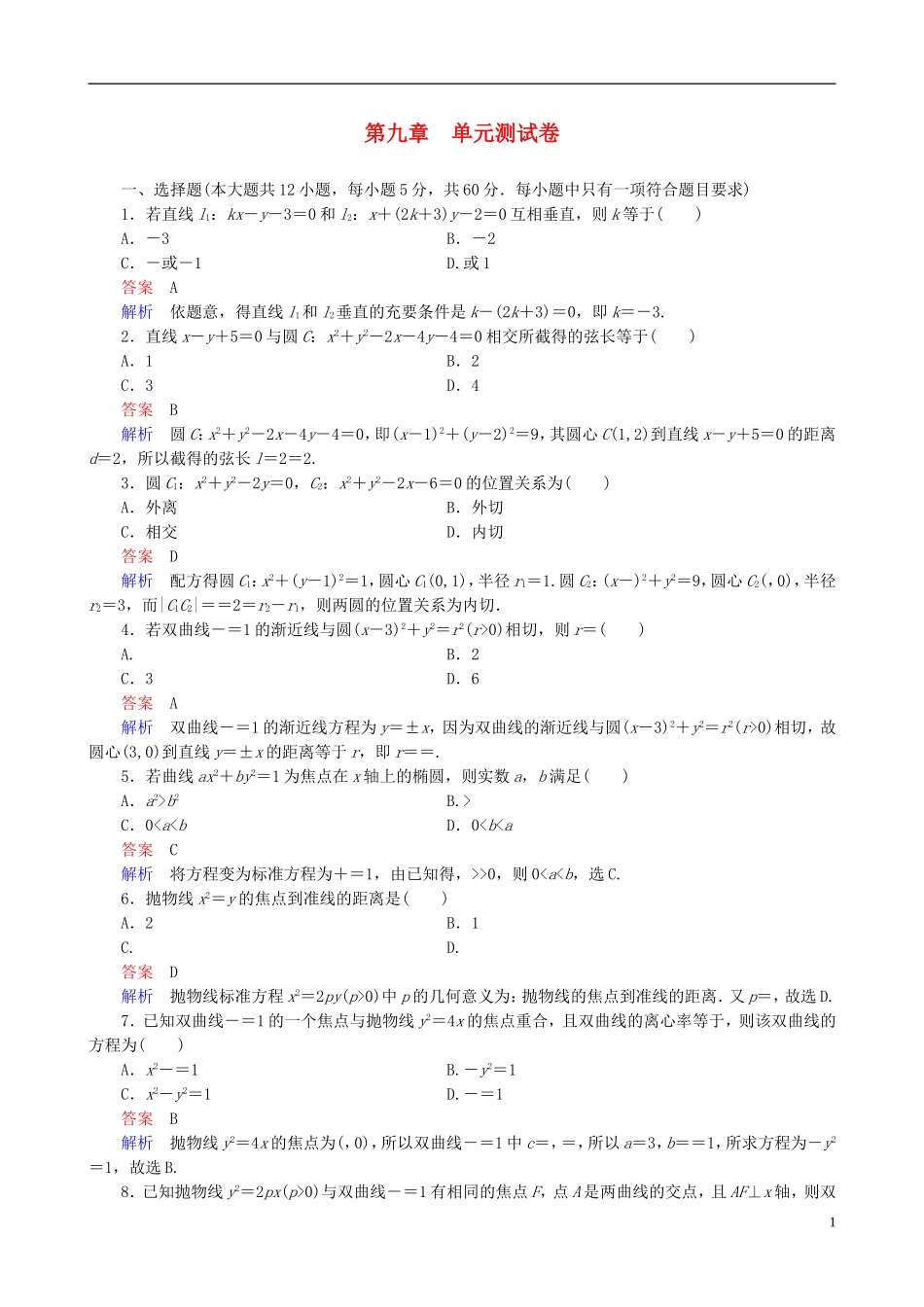 高考数学一轮复习 第九章 单元测试卷-人教版高三全册数学试题_第1页