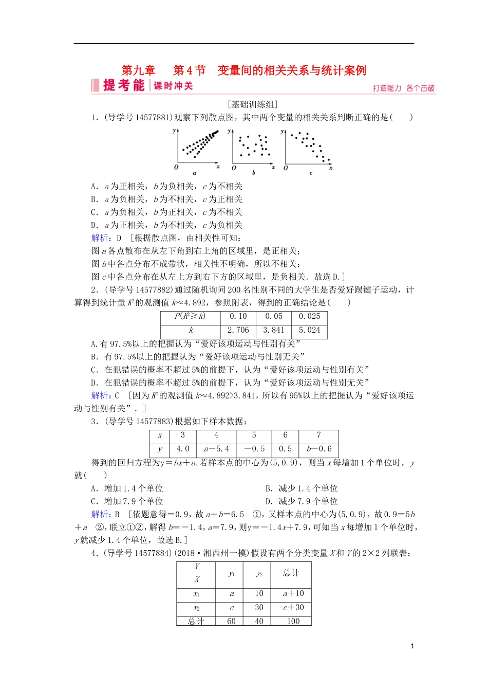 高考数学一轮复习 第九章 算法初步、统计与统计案例 第4节 变量间的相关关系与统计案例练习 新人教A版-新人教A版高三全册数学试题_第1页