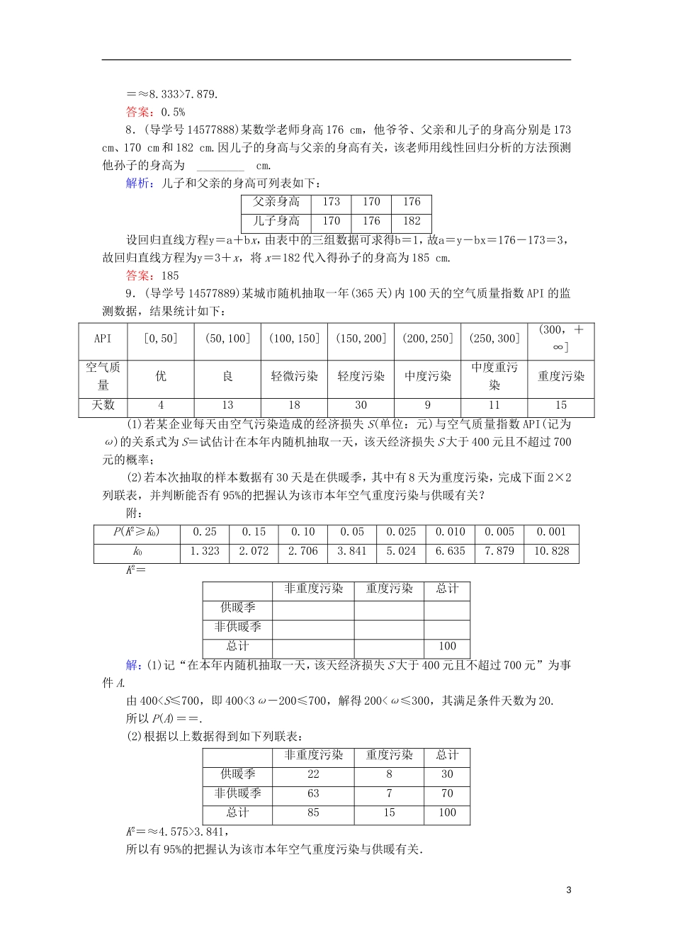 高考数学一轮复习 第九章 算法初步、统计与统计案例 第4节 变量间的相关关系与统计案例练习 新人教A版-新人教A版高三全册数学试题_第3页