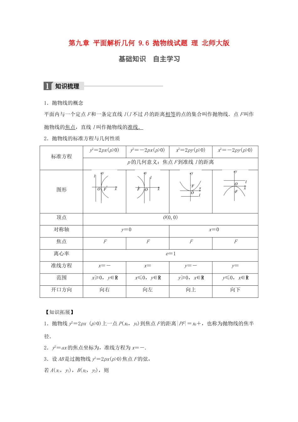 高考数学大一轮复习 第九章 平面解析几何 9.6 抛物线试题 理 北师大版-北师大版高三全册数学试题_第1页