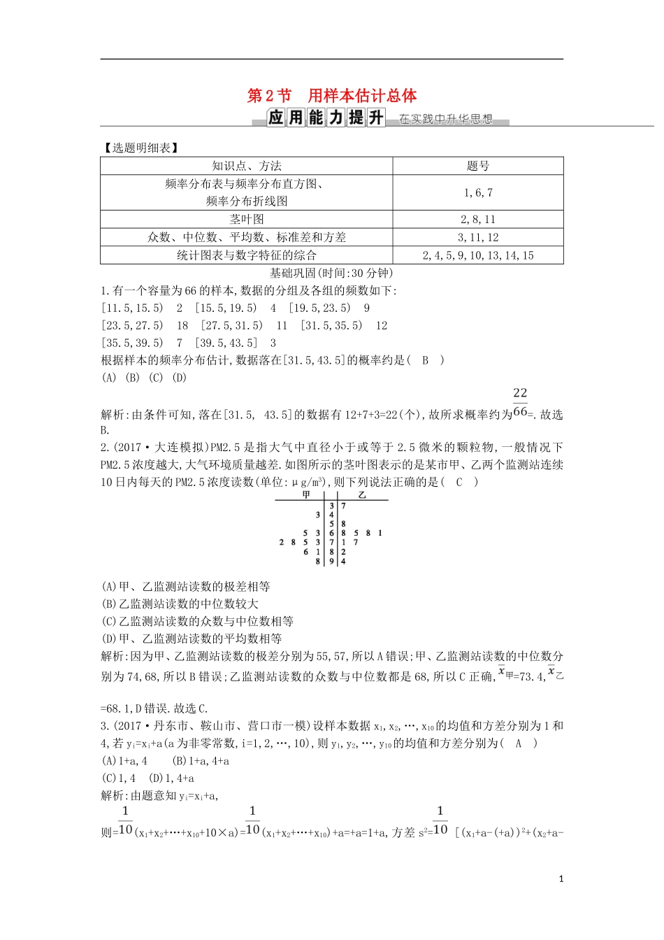 高考数学一轮复习 第九篇 统计与统计案例 第2节 用样本估计总体训练 理 新人教版-新人教版高三全册数学试题_第1页