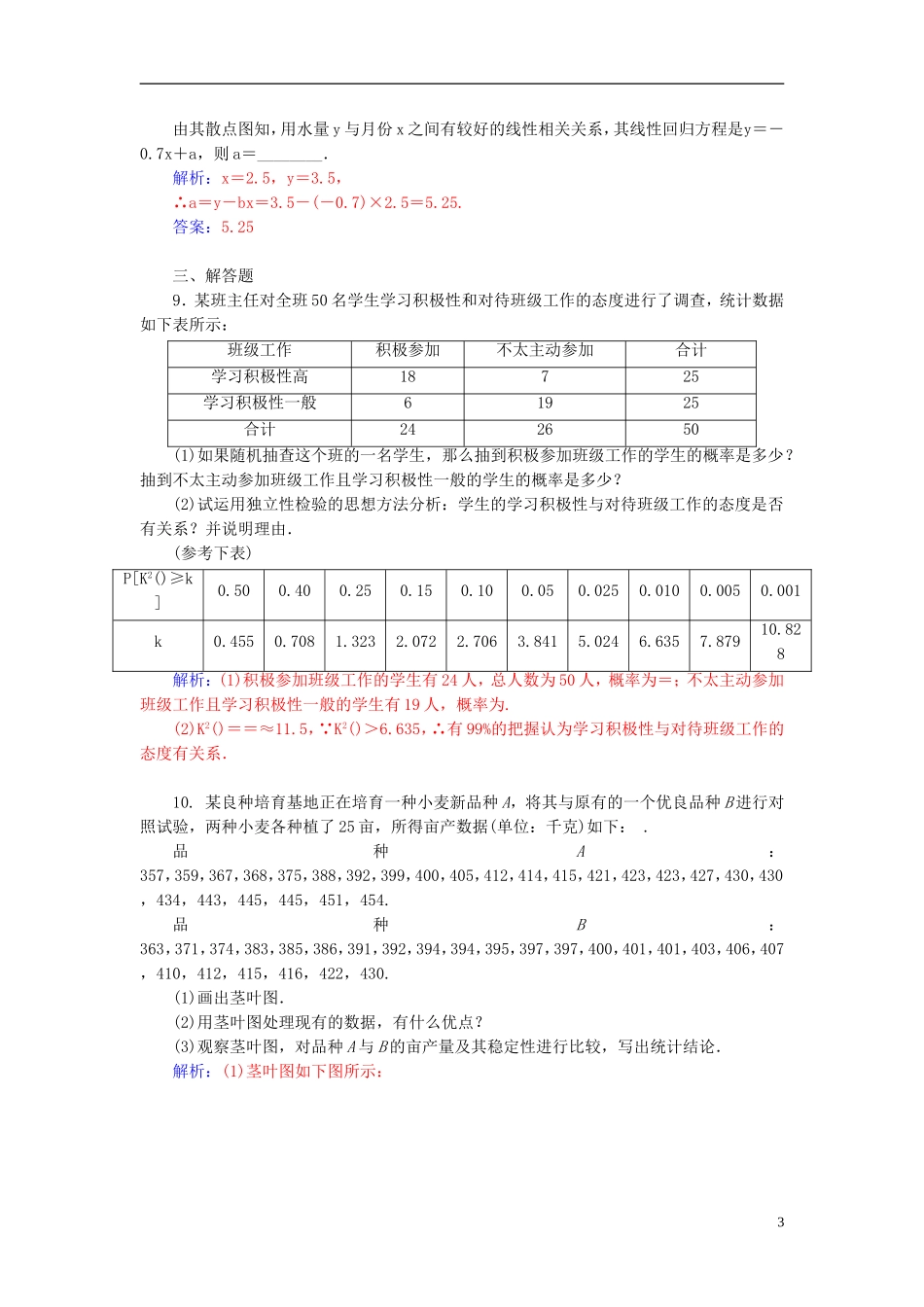 高考数学二轮复习 专题7 概率与统计、推理与证明、算法初步、框图、复数 第二讲 统计、统计案例配套作业 文-人教版高三全册数学试题_第3页