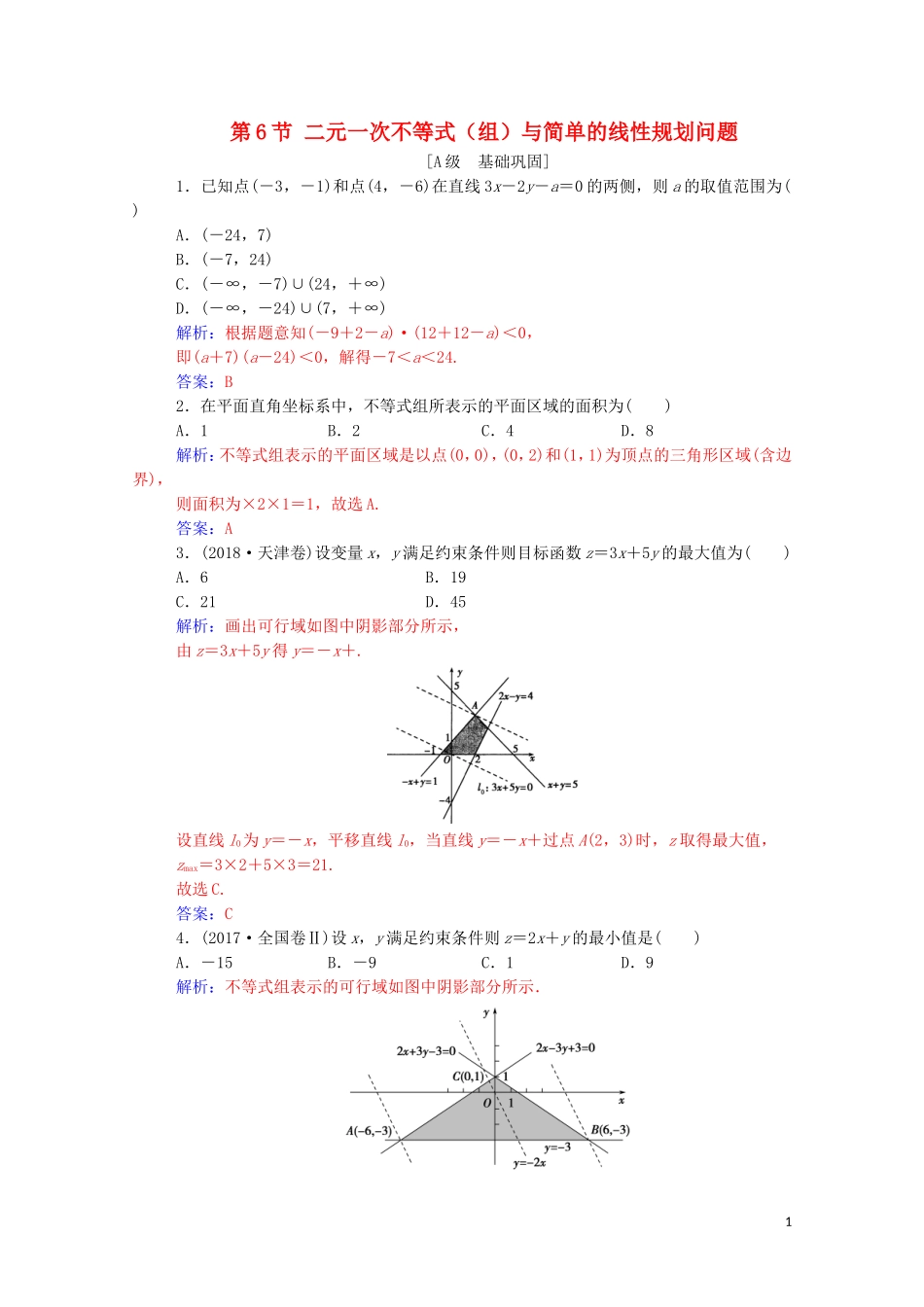 高考数学一轮复习 第一章 集合、常用逻辑用语和不等式 第6节 二元一次不等式（组）与简单的线性规划问题练习-人教版高三全册数学试题_第1页