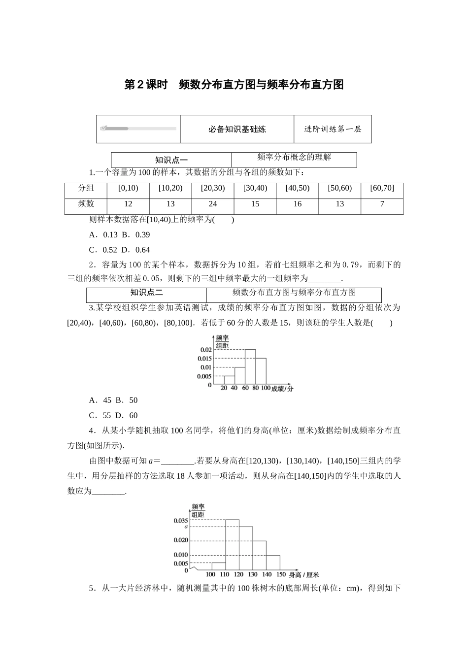 高中数学 第五章 统计与概率 5.1统计 5.1.3 第2课时 频数分布直方图与频率分布直方图知识基础练（含解析）新人教B版必修第二册-新人教B版高一必修第二册数学试题_第1页