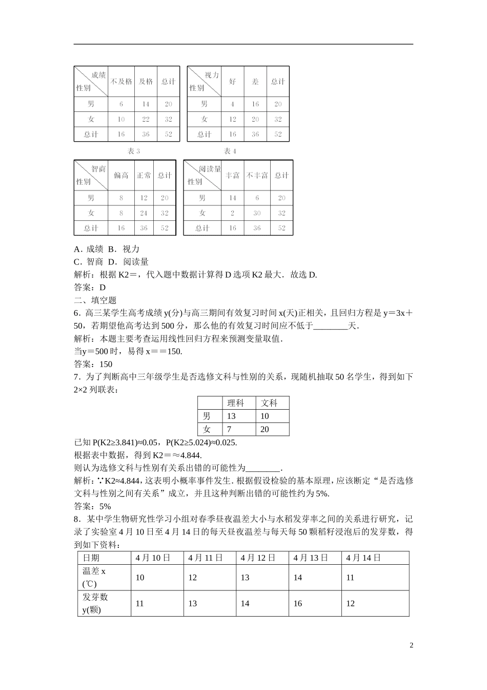 优化探究高考数学一轮复习 9-4 变量间的相关关系及统计案例课时作业 文-人教版高三全册数学试题_第2页