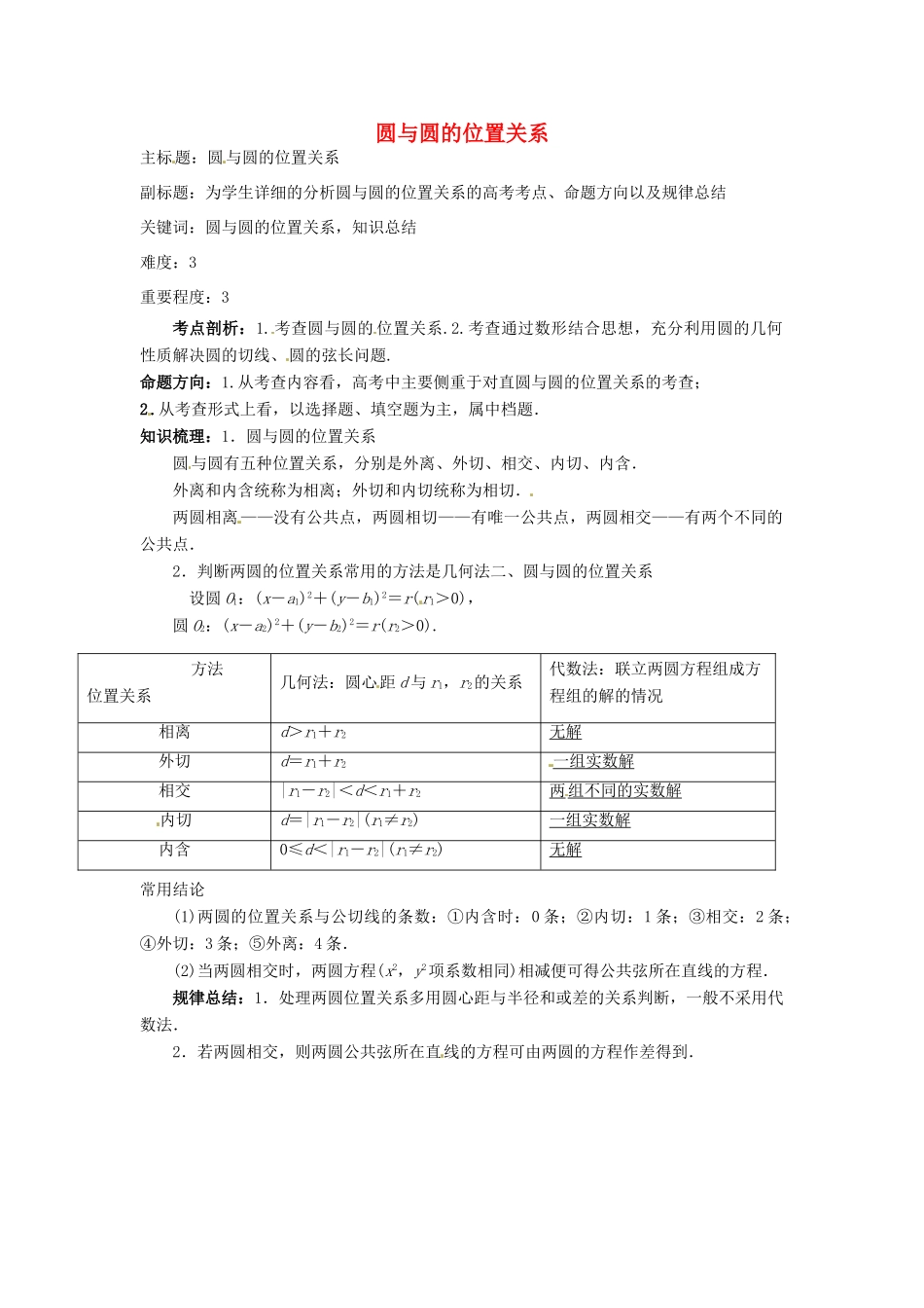 高考数学复习 专题15 解析几何 圆与圆的位置关系考点剖析-人教版高三全册数学试题_第1页