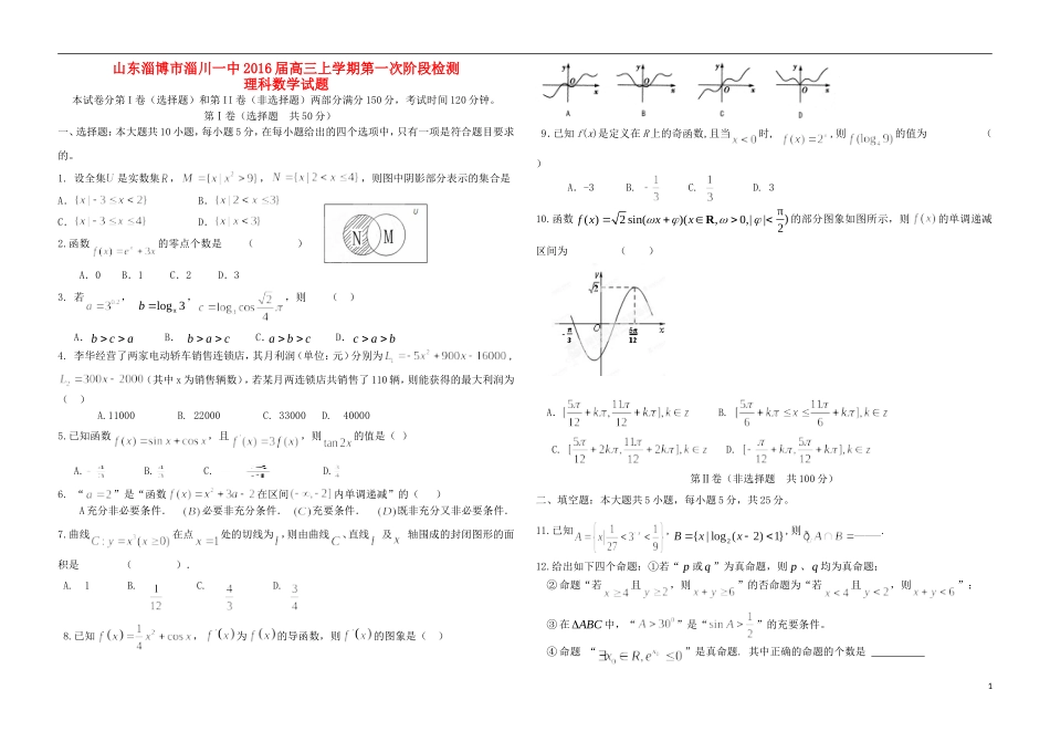山东省淄博市淄川一中高三数学上学期第一次阶段检测试题 理-人教版高三全册数学试题_第1页