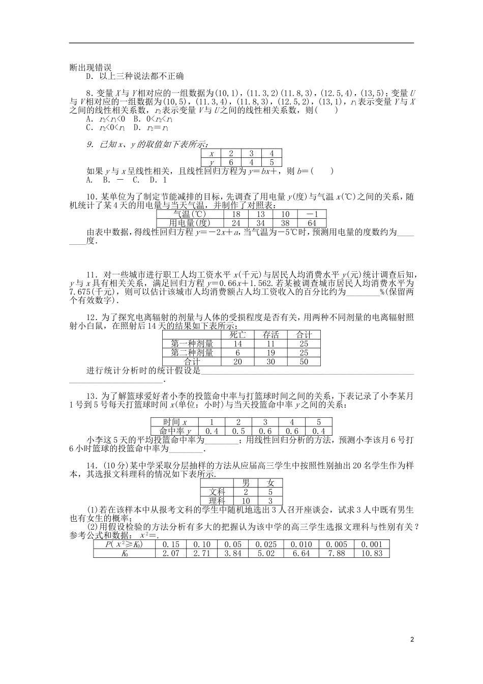 高考数学一轮复习 变量的相关关系和统计案例基础知识检测 文-人教版高三全册数学试题_第2页
