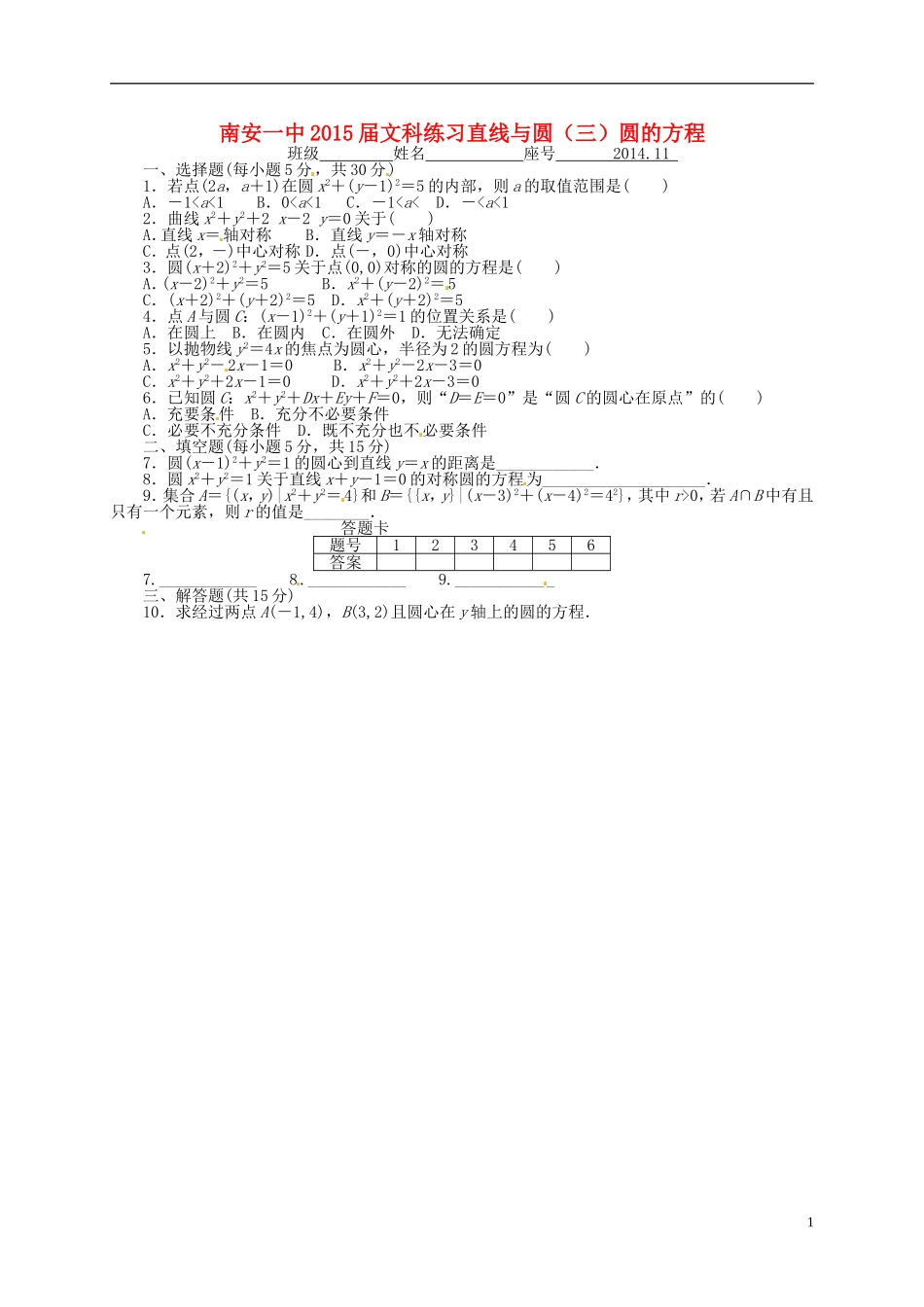 高考数学 练习直线与圆（三）圆的方程 文-人教版高三全册数学试题_第1页