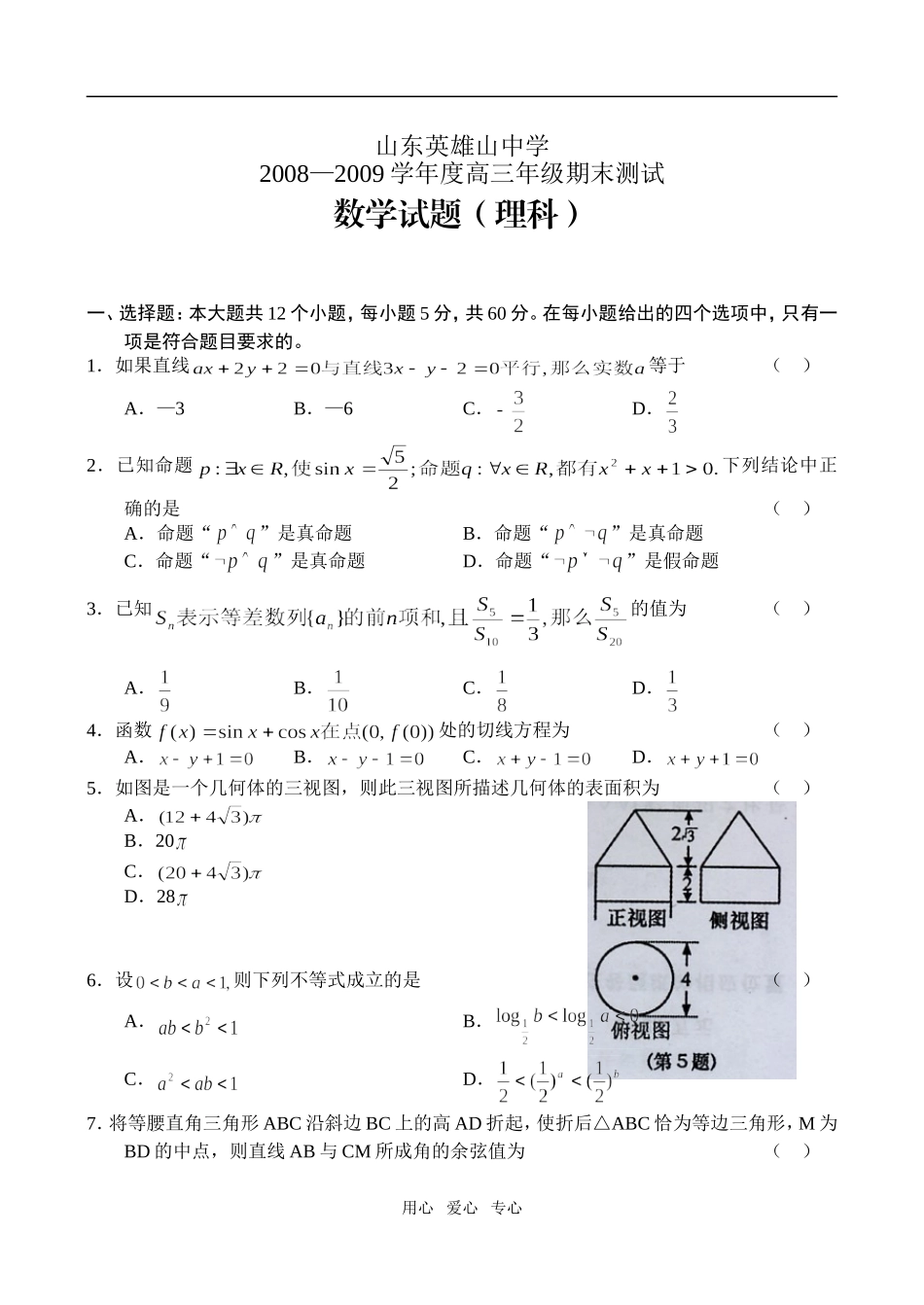 山东英雄山中学09届高三期末测试数学试题（理）_第1页
