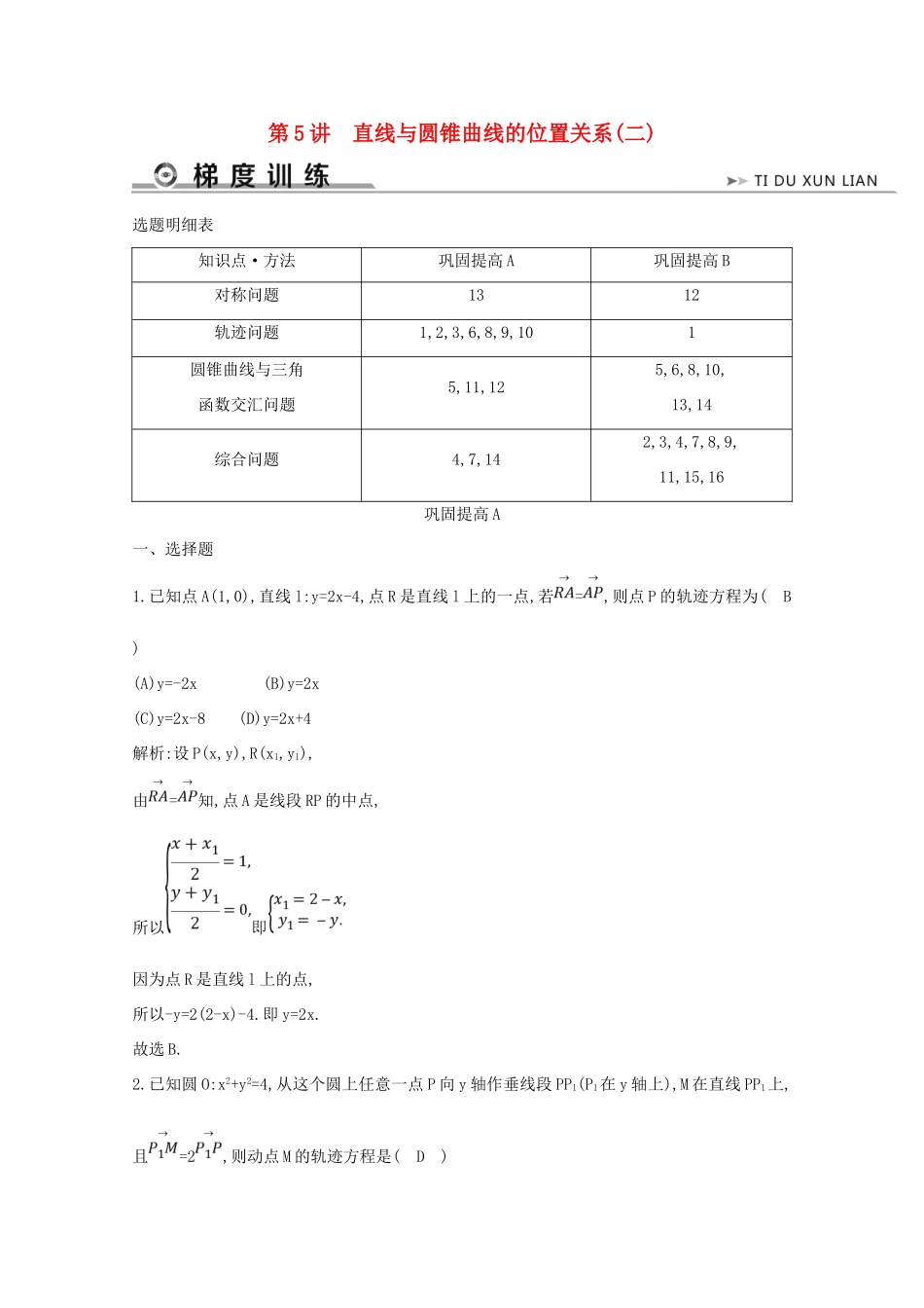 高考数学二轮复习 专题五 直线与圆、圆锥曲线 第5讲 直线与圆锥曲线的位置关系（二）梯度训练（含解析）新人教A版-新人教A版高三全册数学试题_第1页
