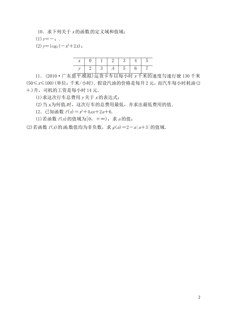 山西省朔州市平鲁区李林中学高三数学《7函数值域练习》小练习 理_第2页