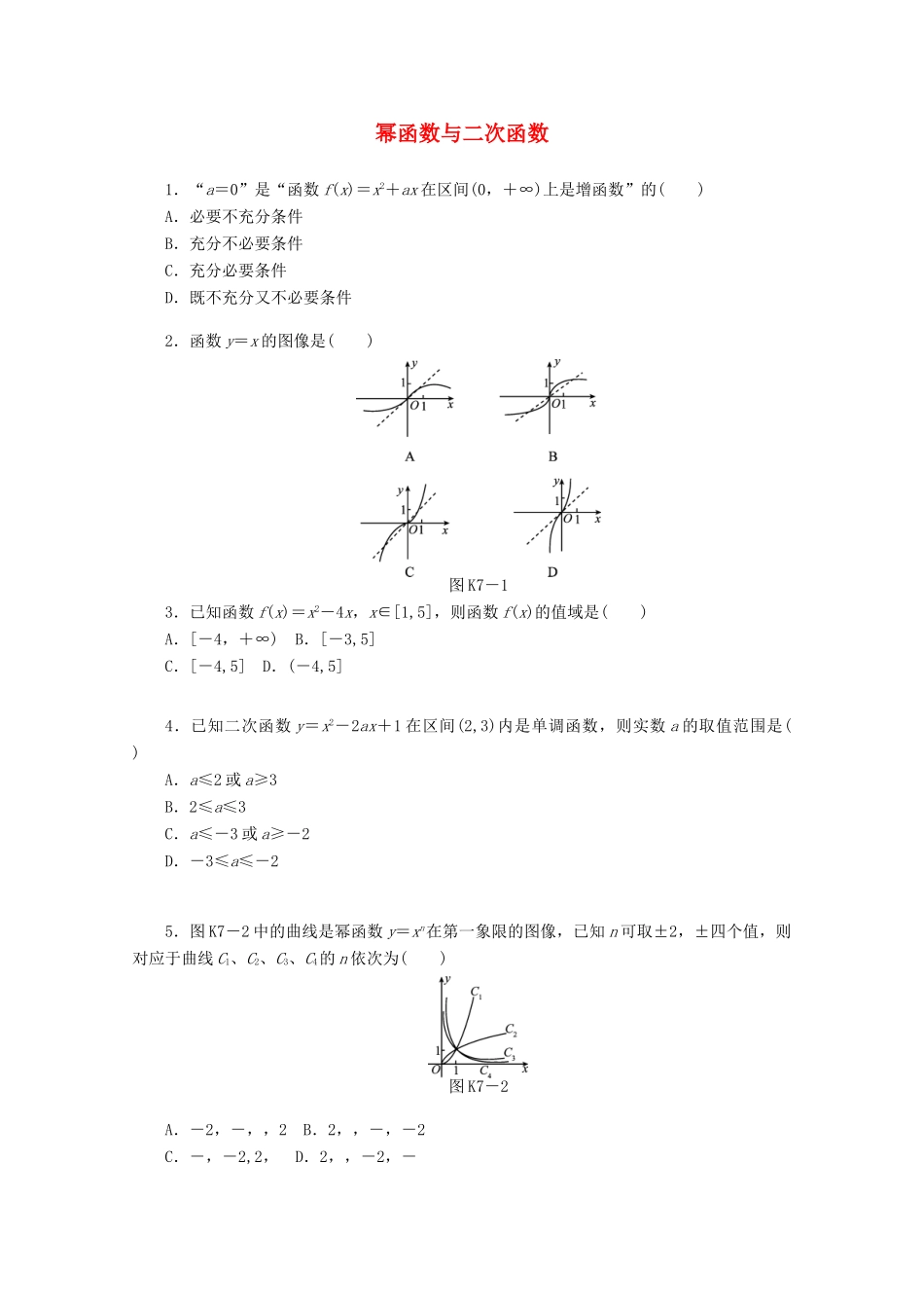 高考数学一轮复习 幂函数和二次函数基础知识检测 文-人教版高三全册数学试题_第1页
