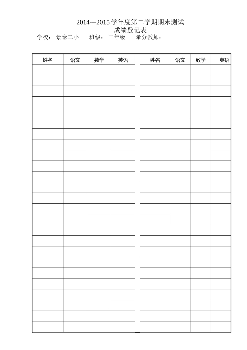 三年级数学期末测试成绩表_第1页