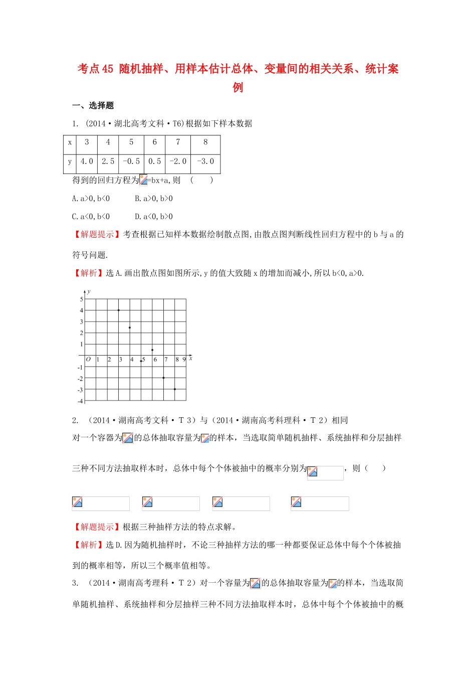 高中数学 考点45 随机抽样、用样本估计总体、变量间的相关关系、统计案例（含201试题）新人教A版-新人教A版高三全册数学试题_第1页