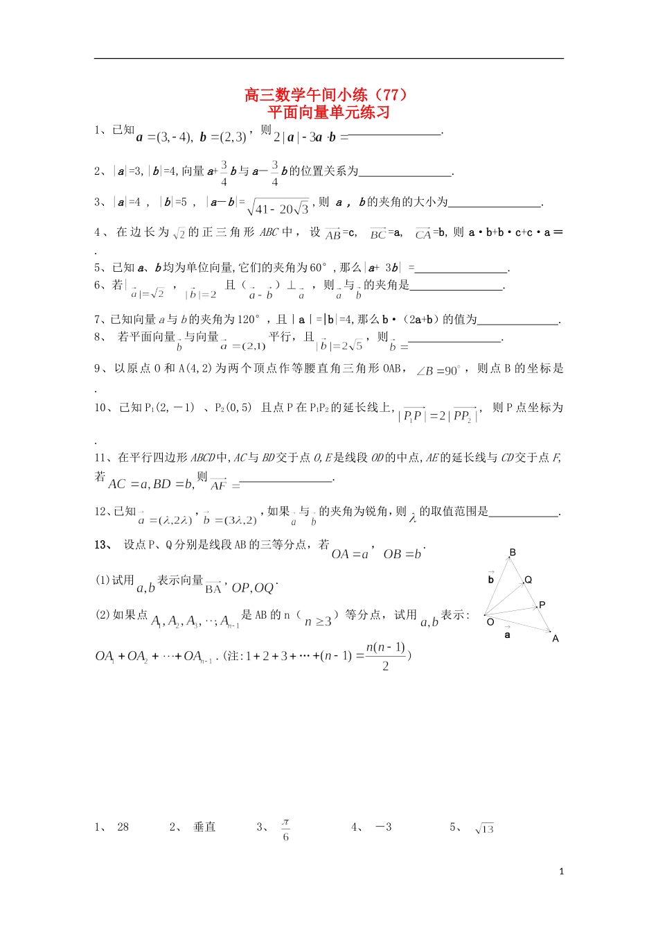 江苏省宿迁市剑桥国际学校高三数学 午练（77）平面向量 苏教版_第1页