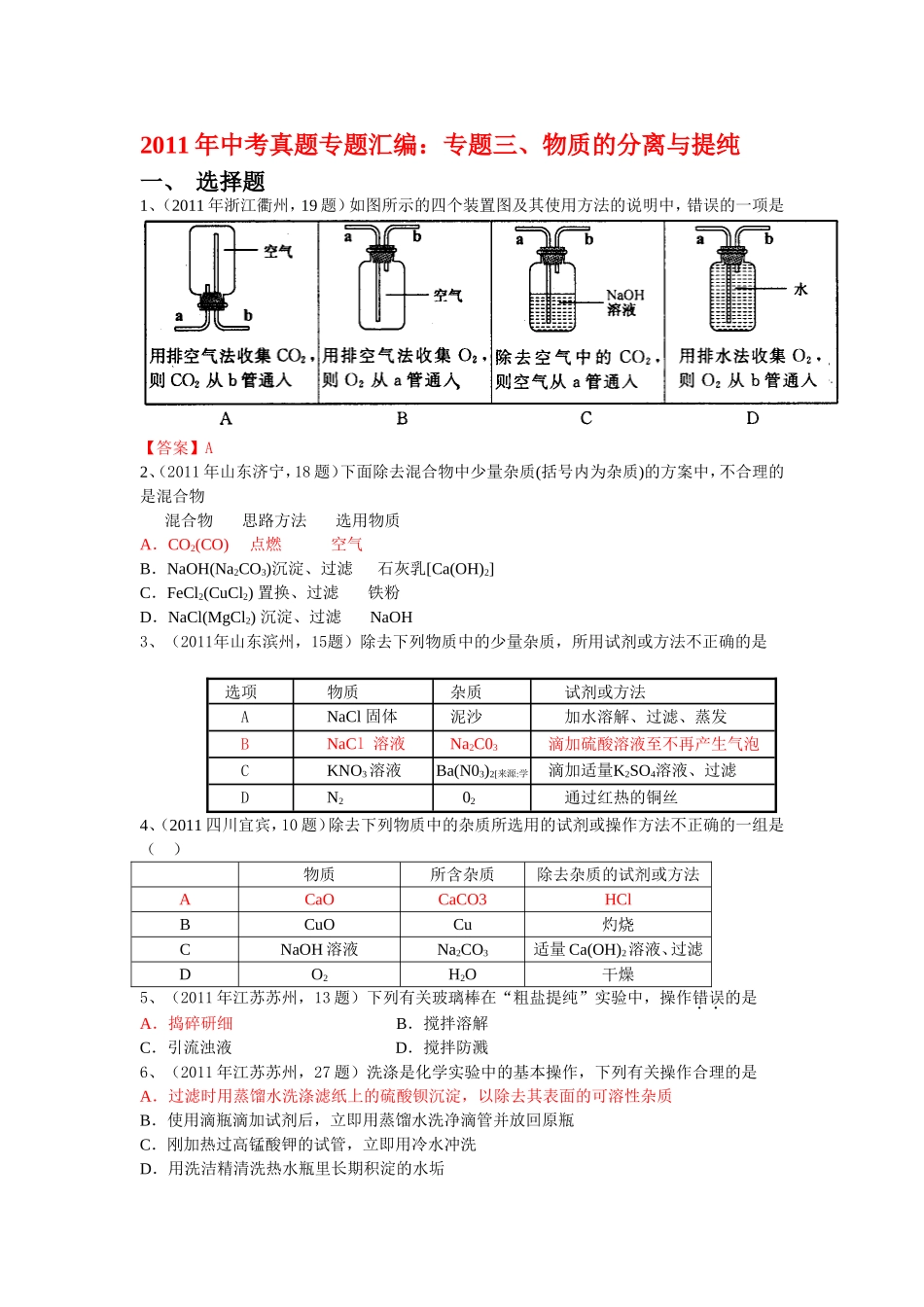 中考真题分类汇编专题物质的分离与提纯_第1页