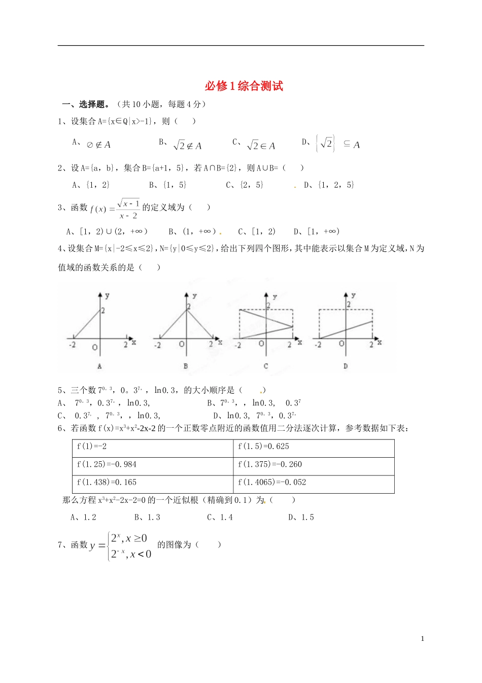 陕西省汉中市陕飞二中200141年高中数学 综合测试（无答案）北师大版必修1_第1页