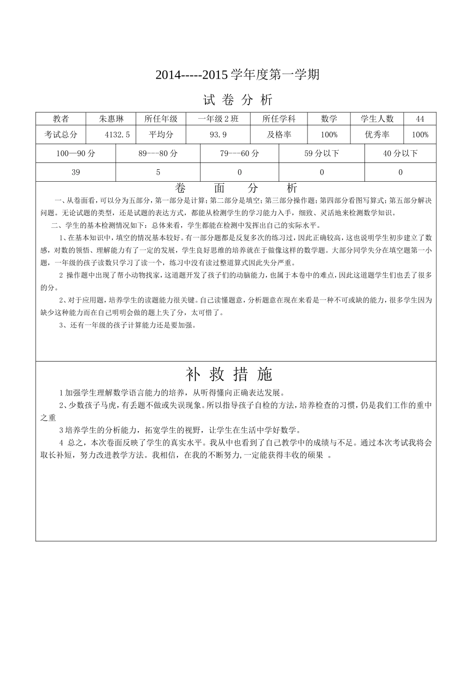 一年级二班数学试卷分析_第1页