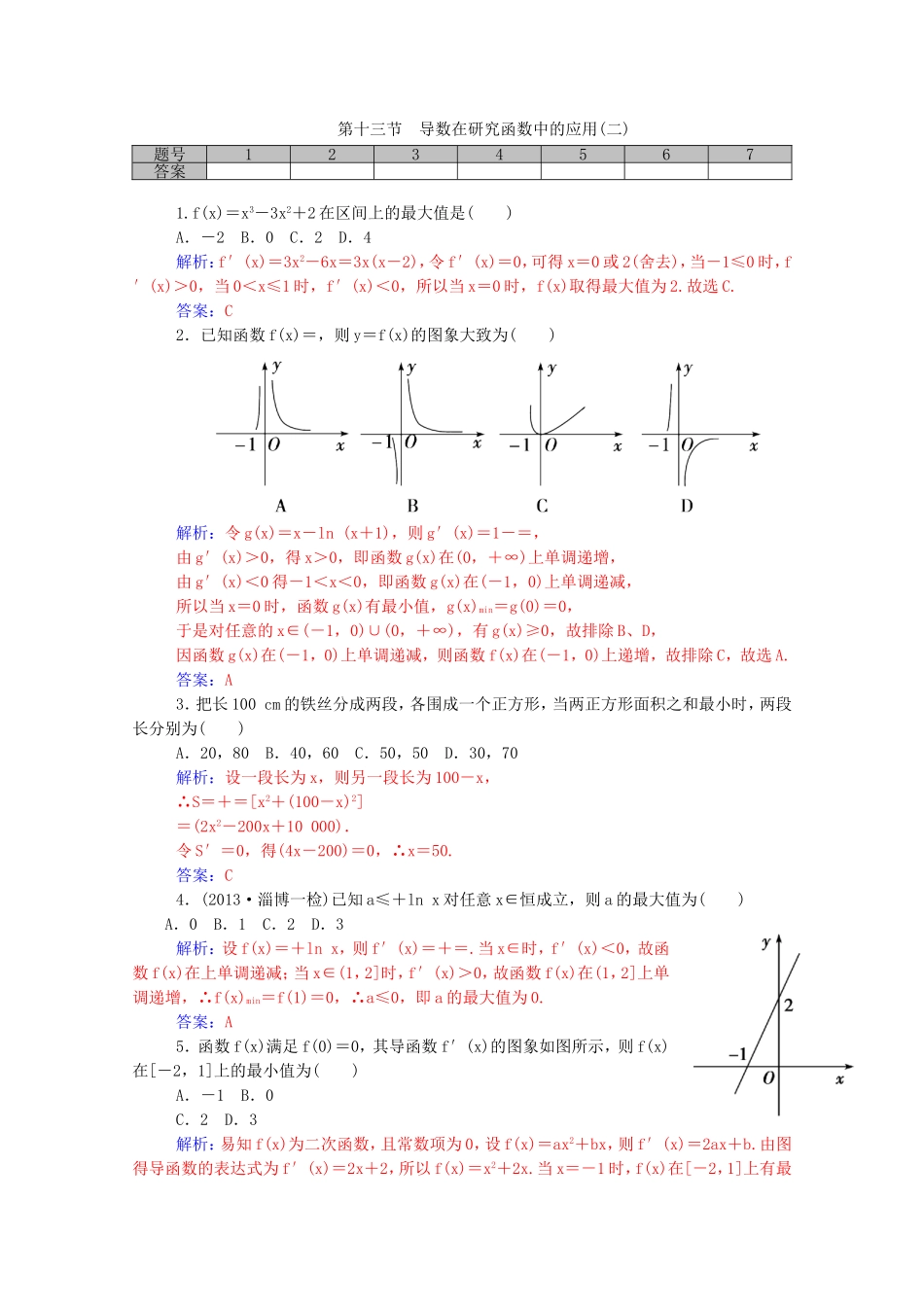 高考数学一轮复习 第二章 第十三节 导数在研究函数中的应用（二）课时作业 文（含解析）-人教版高三全册数学试题_第1页