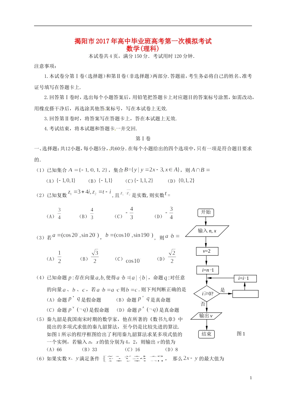 广东省揭阳市高三数学第一次模拟考试试题 理-人教版高三全册数学试题_第1页