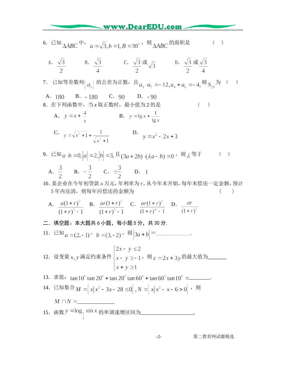 ～度第二学期期末试卷(无附答案)江苏版-江苏版高一全册数学试题_第2页