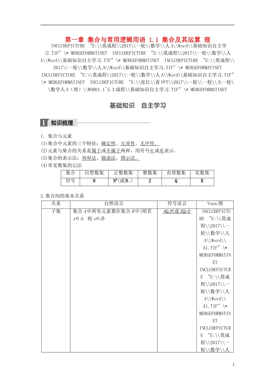 高考数学一轮复习 第一章 集合与常用逻辑用语 1.1 集合及其运算 理-人教版高三全册数学试题_第1页