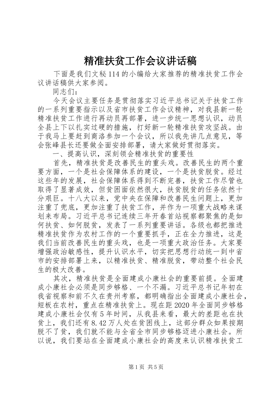 精准扶贫工作会议的讲话发言稿_第1页
