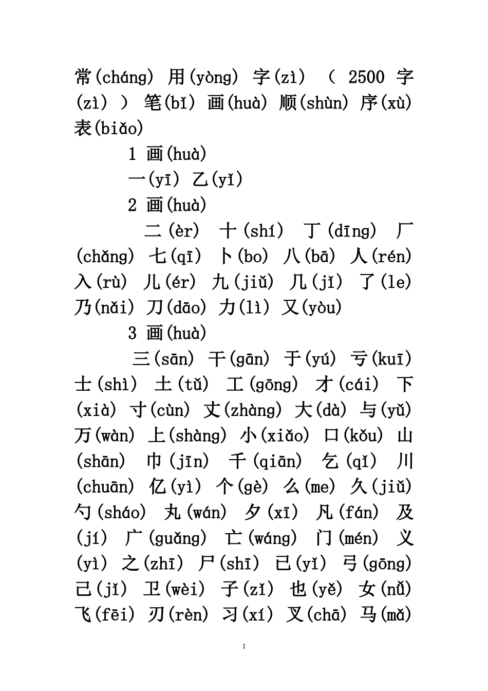 常用字注音（2500字）笔画顺序表_第1页
