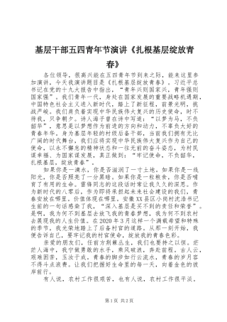 基层干部五四青年节演讲稿《扎根基层绽放青春》