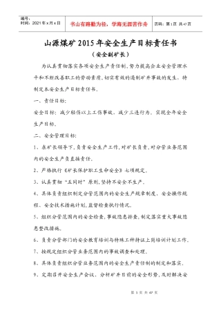山源煤矿XXXX年安全生产目标责任书