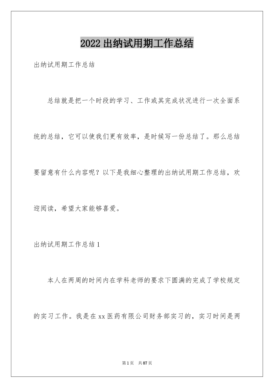 2024出纳试用期工作总结_22_第1页