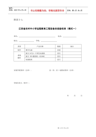江西省农村中小学远程教育工程设备安装验收单(模式一)