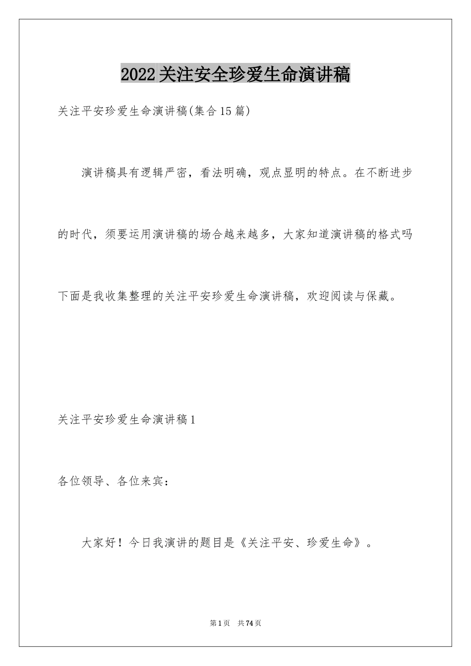2024关注安全珍爱生命演讲稿_65_第1页