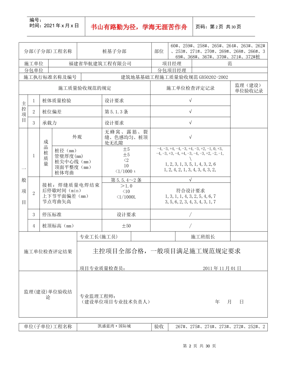 预应力管桩工程检验批质量验收记录_第2页