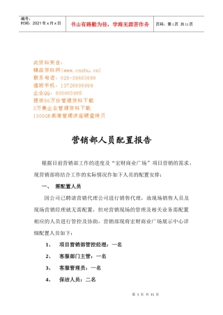 公司营销部人员配置报告