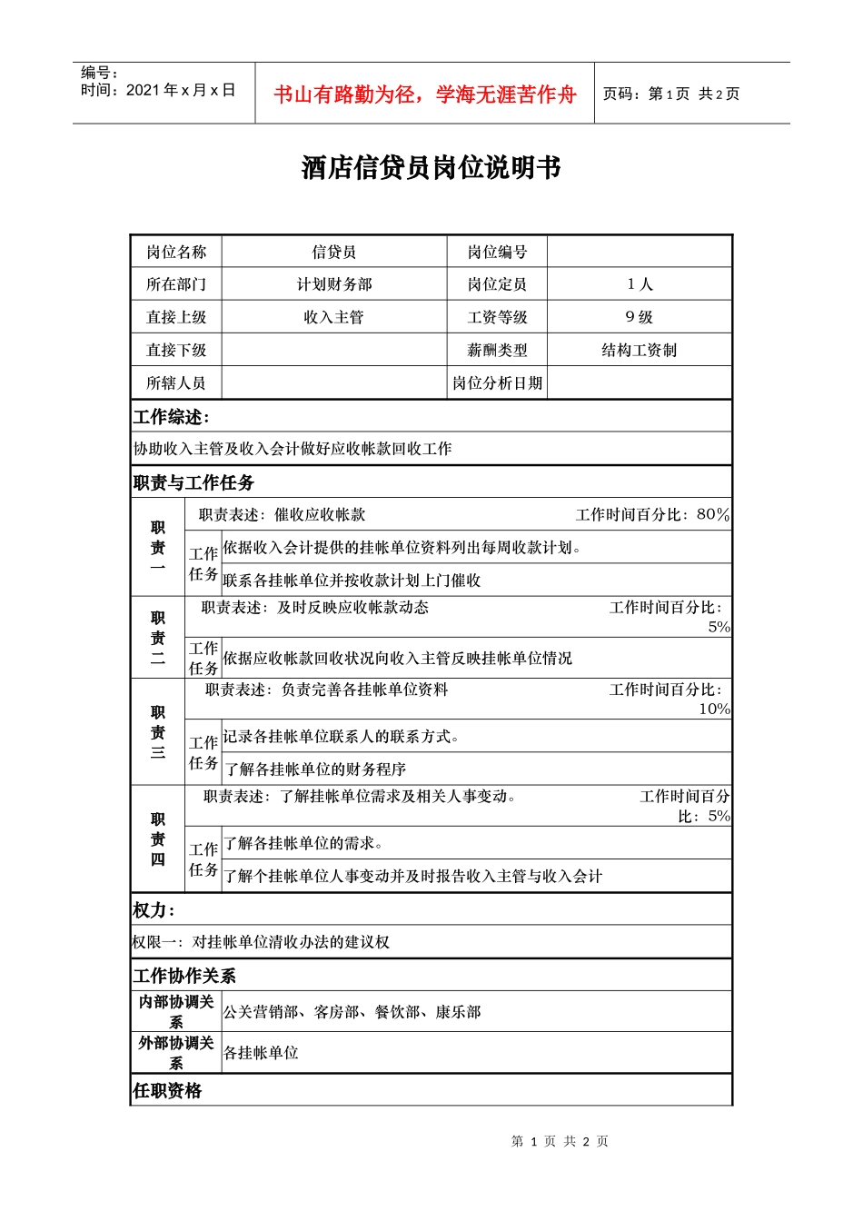 酒店信贷员岗位说明书_第1页